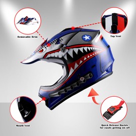 1Storm Youth Motocross Helmet Kids Motorcycle Bike Helmet Shark Blue + Goggles + MG Youth Blue Glove Bundle