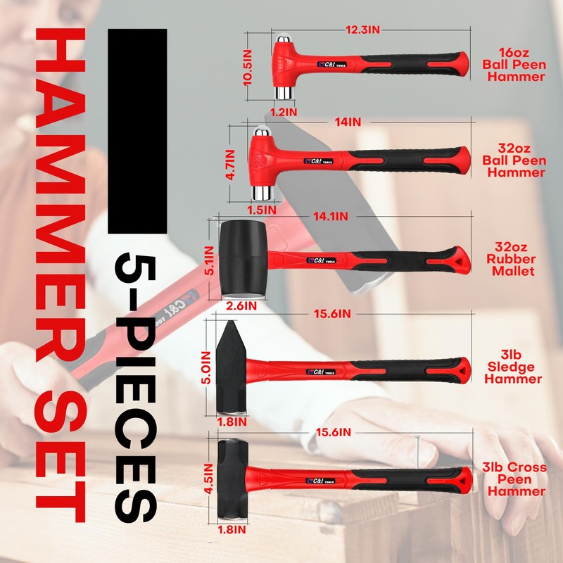 C&T 5-Piece Hammer Set, 16oz Ball Peen Hammer | 32oz
