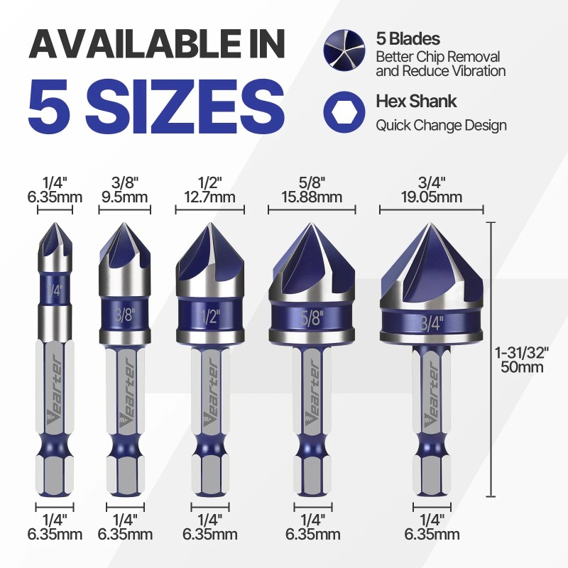 Vearter 5pcs 1/4-3/4'' HSS Countersink Drill Bit 82° 5-Flute Chamfer