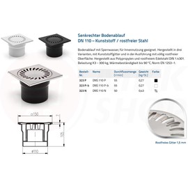 Vertical floor White Black Stainless Steel Shower Drain Bathroom Drain 150 x 150 mm DN 110 110 mm Diameter Drain Lock Water Siphon 50 to 55 L/MIN Load Bearing Capacity up to 300 kg