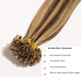 18 inch Pre Bonded Human Hair Extensions 100% Remy 100 Strands Nail U Tip Keratin Real Hair Extension Straight Long Highlights (50g,0.5g/s,#4P27 Medium Brown&Dark Blonde)