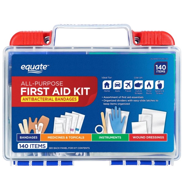 Equate All-Purpose First Aid Kit with Antibacterial Bandages, 140 Items