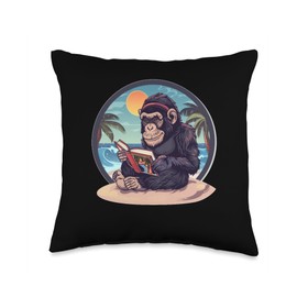 Cute Summer Aesthetic Ape Reading Book Throw Pillow