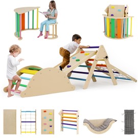 13-in-1 Wooden Pikler Triangle Set with Arch Bridge with Cushion, Rocking Chair, Table & Stool, Rope Ladder, Indoor Triangle Climbing Toys Playset Jungle Gym for Toddlers Kids,Colorful