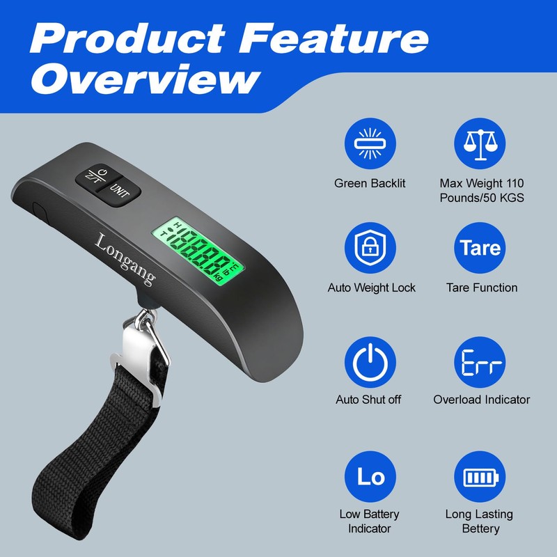 Digital Hanging Luggage Scale with Backlit for Travel, Portable Handheld