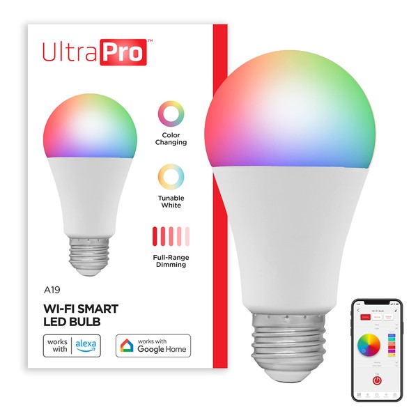 UltraPro Wi-Fi LED Smart Light Bulb, A19, 60W Equivalent, RGB, Color Changing, White Select Tunable 2700K - 6500K, Dimmable, 2.4GHz Router Required, Circadian Rhythm, Easy-to-Use App, 51444
