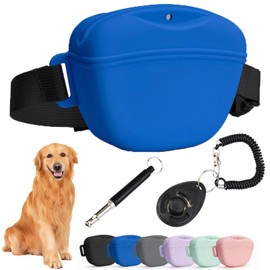 Dog Treat Pouch Kit, Silicone Treat Bag Fanny Pack with Waist Belt Magnetic Closure Pouches, with Dog Clicker and Silent Whistle for Pet Training Walking(Deep Blue)