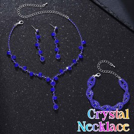 Reaky Bridal Jewelry Set Rhinestone Necklace Silver Crystal Jewelry Sets 3 Pcs Bride Wedding Accessories for Women (Blue)