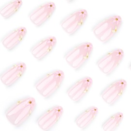 Pink French Tip Press on Nails Flower Fake Nails Almond Full Cover Glue on Nails Floral Pattern Designs Cute False Nails Glossy Spring Stick on Nails for Women Girls Acrylic Manicure Salon 24Pcs
