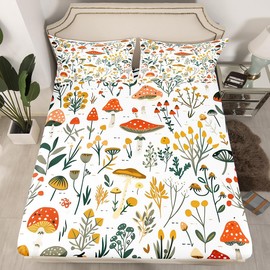 Feelyou Botanical Theme Bed Sheets Set Boys Girls King Size Mushroom Sheet Set for Kids Women Men Ultra Soft Plant Sheets with Deep Pocket Fitted Sheet Mushroom Room Decor Nature