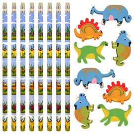 PartyPack Dinosaur Children's Pencils and Eraser Set - 16 Pieces - 8 Wooden Pencils and 8 Erasers for Boys and Girls