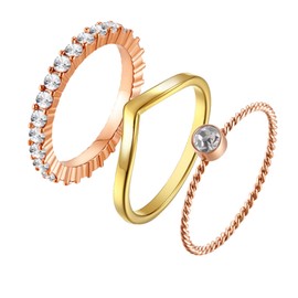 Vakki 3 pieces 1 mm + 2 mm + 3 mm zirconia twist ring golden V-shaped rose gold ring women's titanium rings set wedding engagement ring size 52-59 (16.6-18.8), Titanium steel