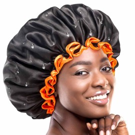 Black Large Shower Cap for Women Long Hair, Reusable Waterproof Shower Hats for Men, Double Layer Washable Bath Cap for Thick Curly Hair