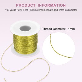 sourcing map Metallic Cord Set 1mm 109 Yards Metallic Ornament String Durable Tinsel Rope Thread for Crafts Gift Wrapping Christmas Decoration Hanging Tags Sewing Gift Decoration, Light Gold