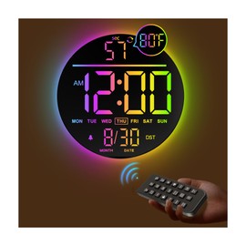 JALL 10" Large Digital Wall Clock with Seconds, Alarm Countdown Timer, Big LED Display, RGB Color, DST, Temperature, Mounted for Bedroom Living Room Office Classroom Gym, Xmas Birthday Gift, RGB