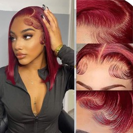 99j Burgundy Lace Front Wigs Human Hair 200 Density Bob Wig Human Hair 13x4 HD Transparent Straight Lace Front Wigs Human Hair Pre Plucked with Baby Hair Natural Hairline Glueless Wig Wine Red 12 Inch