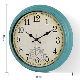 Keureedg 16 Inch Large Outdoor Clock, Waterproof Wall Clock with Thermometer, Battery Operated Silent Non-Ticking Vintage Wall Clock Quartz Round Clock Home Decor,Green