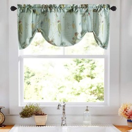 Leeva Tie up Shade Valance for Windows, Elegant Birds Pattern Light Filtering Window Treatment Valances for Basement Kitchen, One Panel, 52 x 18, Light Blue