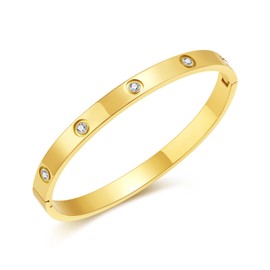 RINTOLER Gold Bangle for Women - Stainless Steel 18K Gold Plated Love Friendship Bracelet with Cubic Zirconia (E-GOLD)