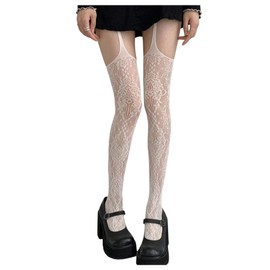 SHENHE Women's Y2K Lace Tights Suspender Pantyhose Sheer Thigh High Garter Stockings White One-Size
