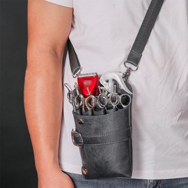 Bolsa de tijeras Pu Salón de cuero peluquero funda de tijeras de peluquería bolsa de herramientas de peluquero funda de peinado (001-Gris)