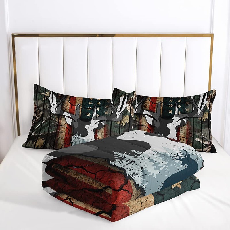 Suncloris American Flag Deer Antlers Comforter,United States Federations Stars Stripes
