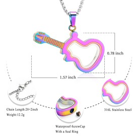 Oinsi Clear Glass Guitar Cremation Neckalce for Ashes Women Men Musical Instrument Memorial Urn Jewelry for Ashes Keepsake Pendant(Colorful)