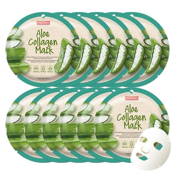 Purederm Aloe Collagen Mask (12 Pack) - Easy sheet type Korean beauty essence mask - aloe extracts, collagen, and vitamin E ingredients to help moisturize and soothe the skin, and natural pulp materials contain moisture to help deliver active ingredients 