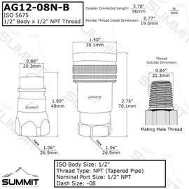 2 Pack - 1/2" Ag ISO 5675 Hydraulic Quick Connect Male Coupler, Ball Valve, 1/2" NPT