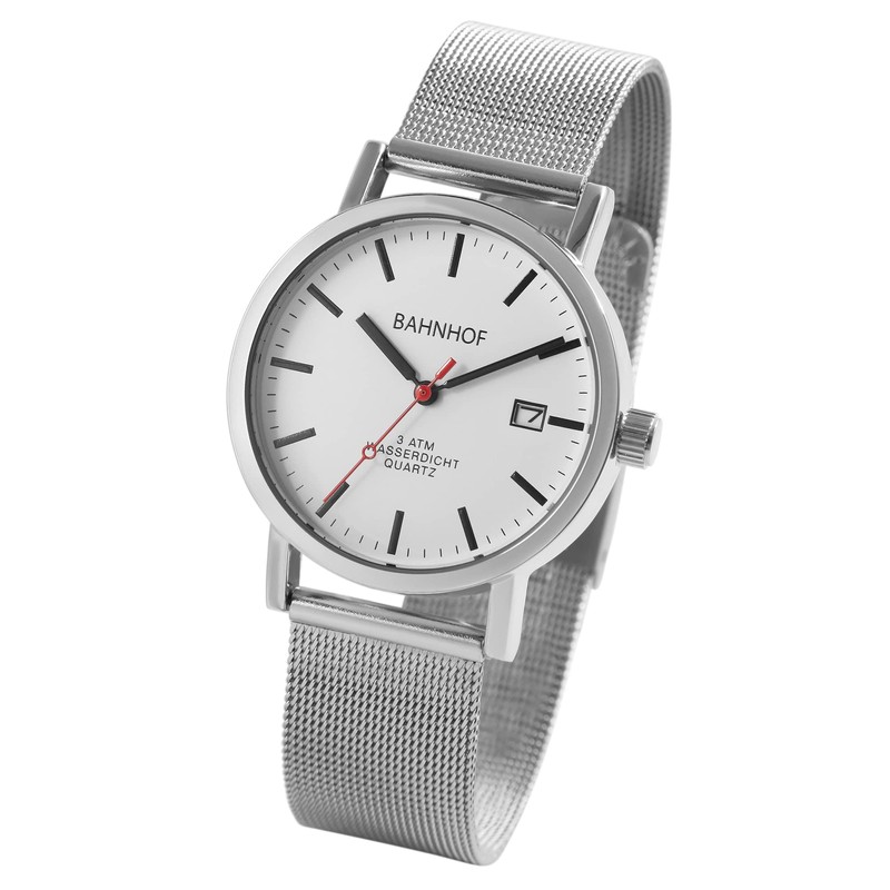 Bahnhof Men's Bracelet Watch White Analogue Date Mesh Band Metal