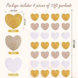 52Ft White Gold Champagne Heart Streamers Garland Party-Decorations, Paper Heart Banner for Christmas Wedding Engagement Hanging Bachelorette Neutral Baby Bridal Shower Lasting Surprise
