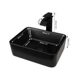 KECTIAKL Bathroom Vessel Sink 16 Inch Black Ceramic Sink Bowl,Above Counter Rectangular Bathroom Sink with Waterfall Faucet and Pop-up Drain Combo