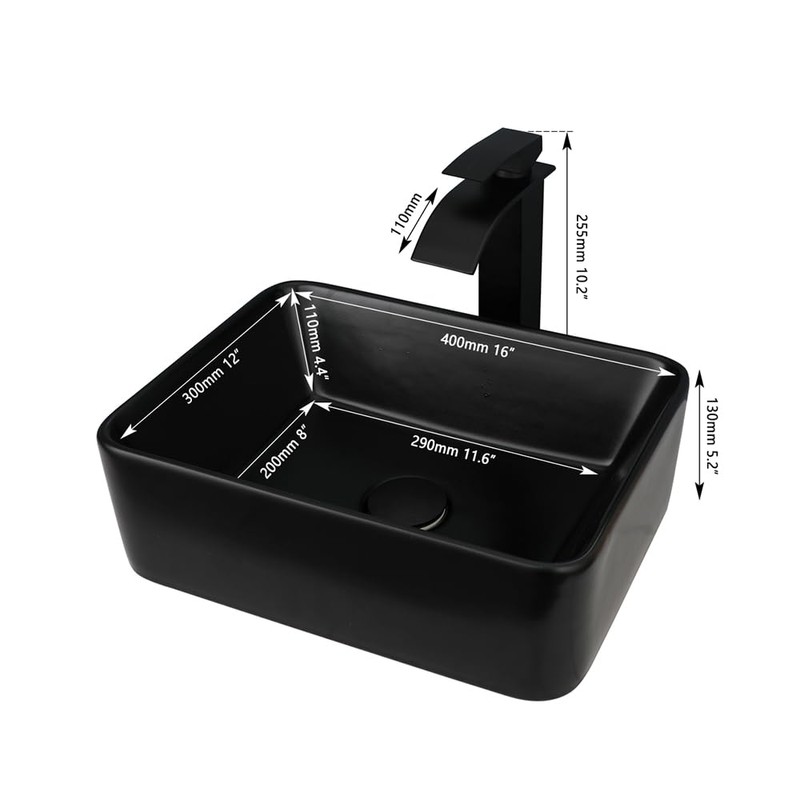 KECTIAKL Bathroom Vessel Sink 16 Inch Black Ceramic Sink Bowl,Above