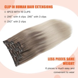 XDhair Clip in Hair Extensions 18Inch 120g 6pcs Ombre Ash Brown Highlighted with Blonde Clip in Hair Extensions Natural Silky Remy Human Hair Extensions #8/60 18inch