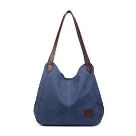 Kono Women Canvas Hobo Shoulder Bag Handbag Ladies Vintage Multiple Pockets Tote Top Handle Bags for Shopping Work School Travel Casual Daily (Navy)