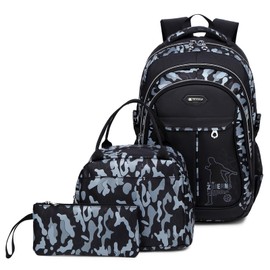 ZHIERNA School Backpack Boys Teenager Backpack Kids School Bags Children's Backpack Camouflage Backpacks Teenagers School Daypacks Shoulder Bags Set with Lunch Pack and Pencil Case, gray,