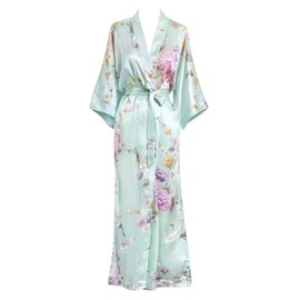 KIM+ONO Satin Kimono Robe Long - Chrysanthemum & Crane - Mist (Blue)