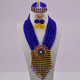 aczuv 8 Rows Crystal Beaded Nigerian Wedding Necklace and Earrings Costume African Beads Bridal Wedding Jewelry Sets for Women (Royal Blue & Yellow)