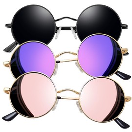 Joopin 3 Pack Circle Sunglasses Small Round Sun Glasses Polarized UV400 Protection Metal Shades for Women Men (Black + Pink + Purple)
