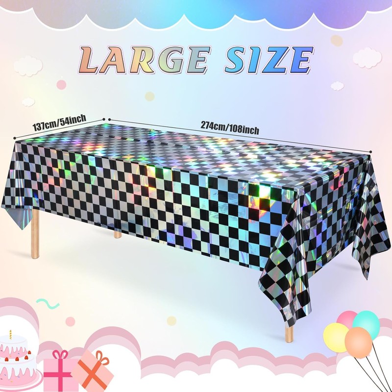 2Pack Iridescent Checkered Plastic Tablecloth, Shiny Disposable Laser Rectangle Table