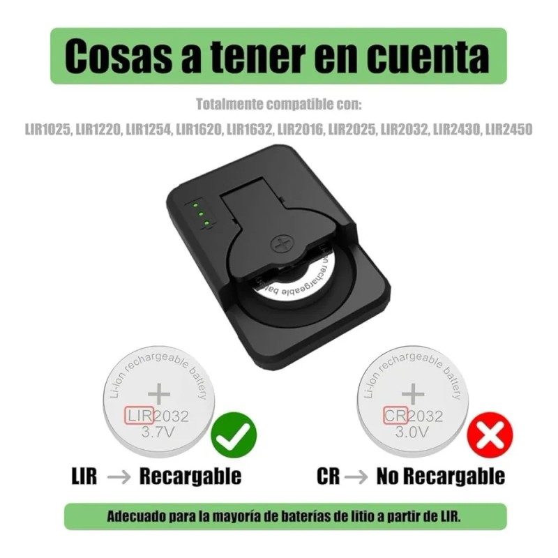 Cargador Pila Botón +2pilas Recargables Lir2032-2025-2016usb