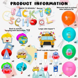 Qpout 62pieces Back To School Decoration Set Cute Colorful Cartoon Banner Hanging Swirl Decor Latex Balloons Cupcake Toppers for Kindergarten Primary School Kids Classroom Party Supplies
