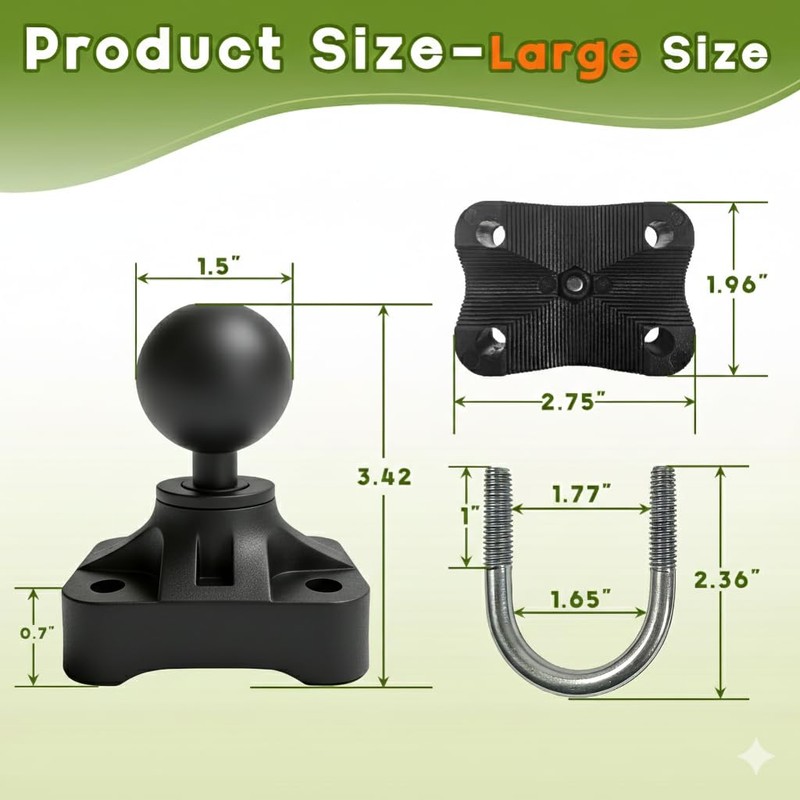 1.5" Ball Double U-Bolt Mount Base for 0.65-1.75" Tubes on