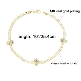 kelistom Evil Eye Anklet 14K White Gold Plated Ankle Bracelets for Women Zircon Inlay Evil Eye Hamsa Hand Charm Mariner Chain Anklets Waterproof 3-hand (Gold, 10 INCH)