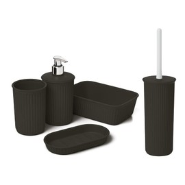 Superio Ribbed Collection - Decorative Plastic Bathroom Accessories Set, Brown (Set of 5) Soap Dish, Liquid Soap Dispenser, Toothbrush Holder, Vanity Organizer Tray, Toilet Brush - Countertop Decor