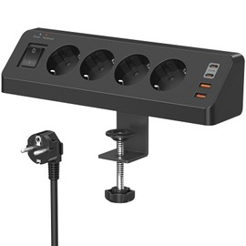 Tischsteckdose mit USB C (PD 20W), 8 in 1 Steckdosenleiste Schreibtisch mit Schalter, 4 Fach Mehrfachsteckdose 4 USB, Überspannungsschutz mit 2M Kabel für Zuhause Büro (Schwarz)