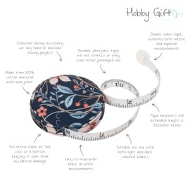 Hobby Gift Retractable Tape Measure – 150cm/60" Blossom Birds Sewing & Craft Measuring Tape Covered in Classic Arts & Crafts Print Cotton Fabric, Imperial & Metric Measurements, Compact & Portable
