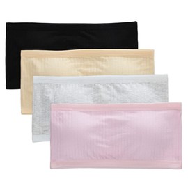4 Pack Padded Bandeau for Girls - Breathable Cotton Bra Strapless Bralette Wireless Seamless Crop Tops with Removable Pads, Pink+gray+skin Color+black, Lower Chest Circumference 58-72 cm