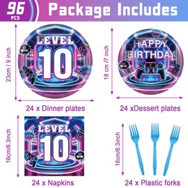 96Pcs 10th Birthday Video Game Party Decorations 10 Years Old Themed Tableware Purple Blue Plates Napkins Forks Level 10 Dinnerware Party Supplies for Kids Boys Gamer Gaming Birthday Serves 24 Guests