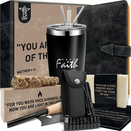 DEHITE Christian Gifts for Men - Religious Basket Inspirational Present - Insulated Tumbler - Notebook - Multitool Pocket Knife - Christmas Gift Birthday Box for Father